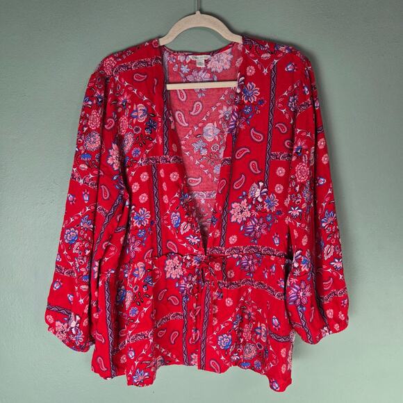 Cato Womens Red Blue Floral Paisley Print Tie Front Kimono Top Size XL - Picture 1 of 8